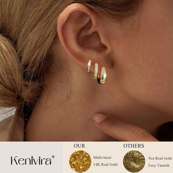 Gold Hoop Earrings Set for Women - 14K Gold Plated Small Hoops, Chunky Thick Ear - Picture 2 of 9